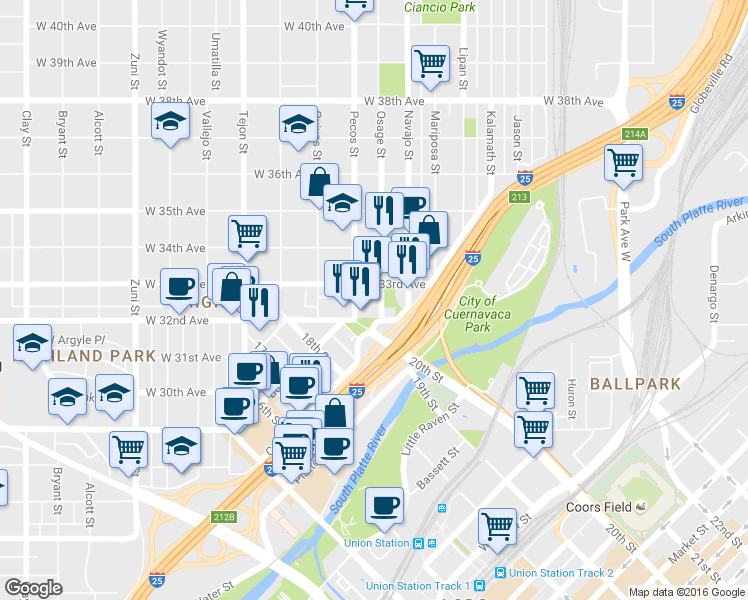 map of restaurants, bars, coffee shops, grocery stores, and more near 3101 Osage Street in Denver