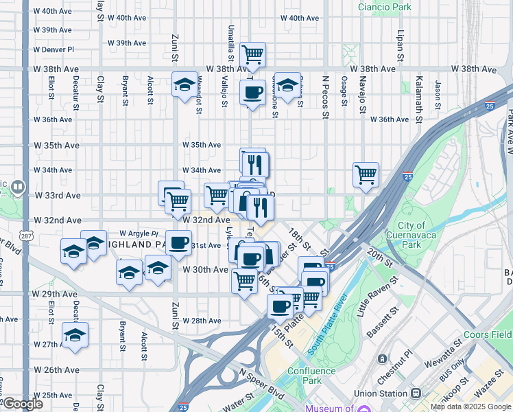 map of restaurants, bars, coffee shops, grocery stores, and more near 1932 West 32nd Avenue in Denver