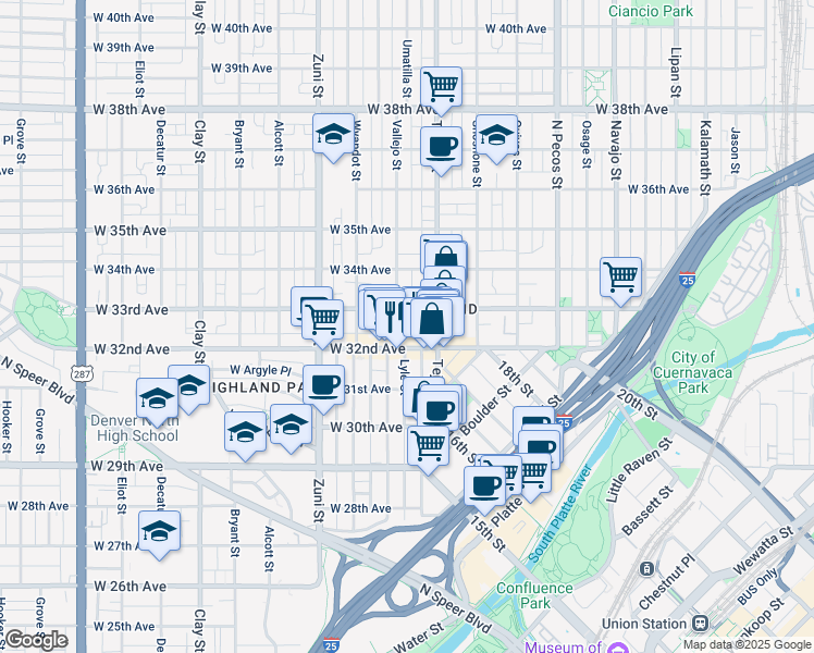 map of restaurants, bars, coffee shops, grocery stores, and more near in Denver