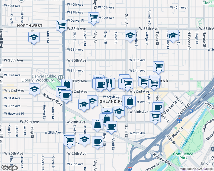 map of restaurants, bars, coffee shops, grocery stores, and more near 2620 West 32nd Avenue in Denver