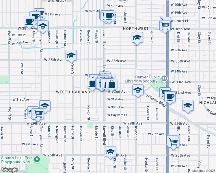 map of restaurants, bars, coffee shops, grocery stores, and more near in Denver