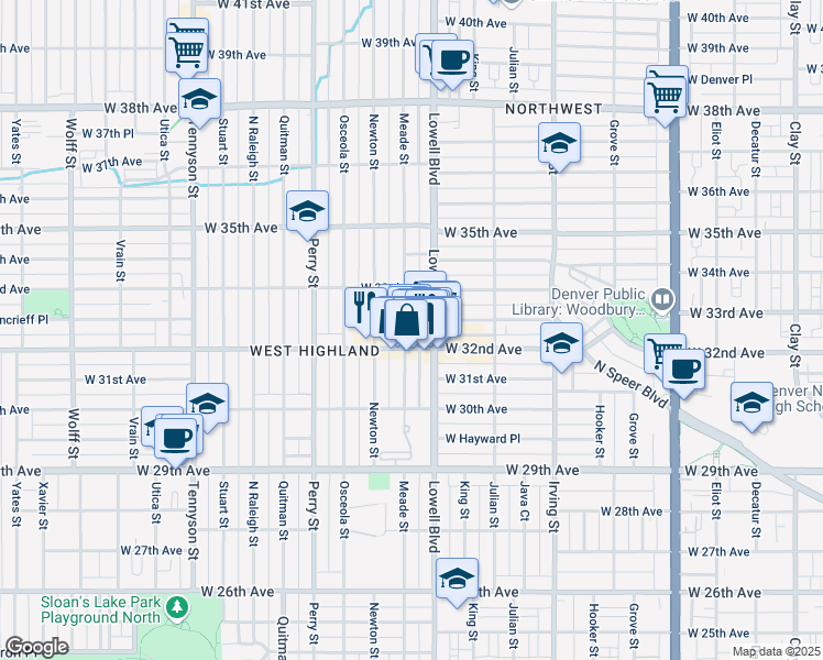 map of restaurants, bars, coffee shops, grocery stores, and more near 3714 West 32nd Avenue in Denver