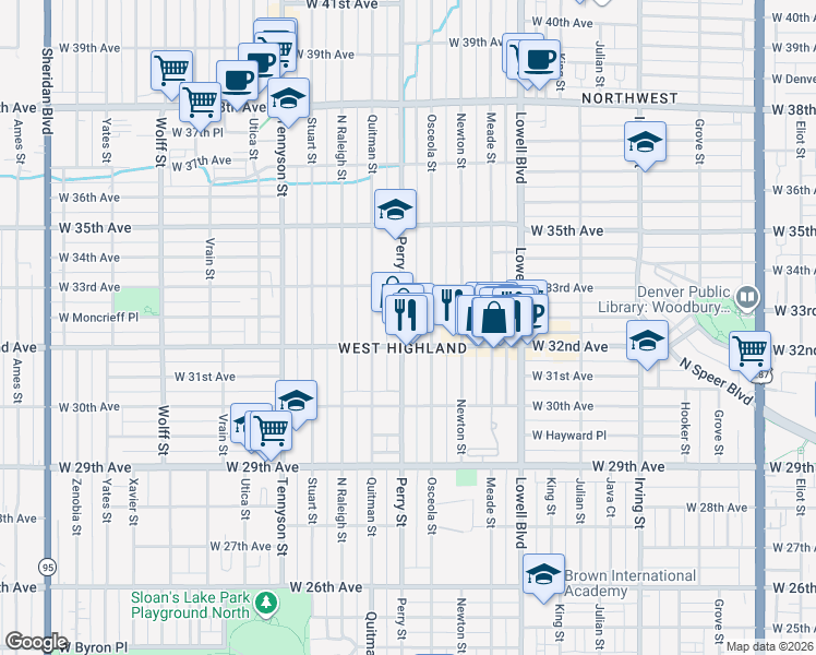 map of restaurants, bars, coffee shops, grocery stores, and more near 3940 West 32nd Avenue in Denver