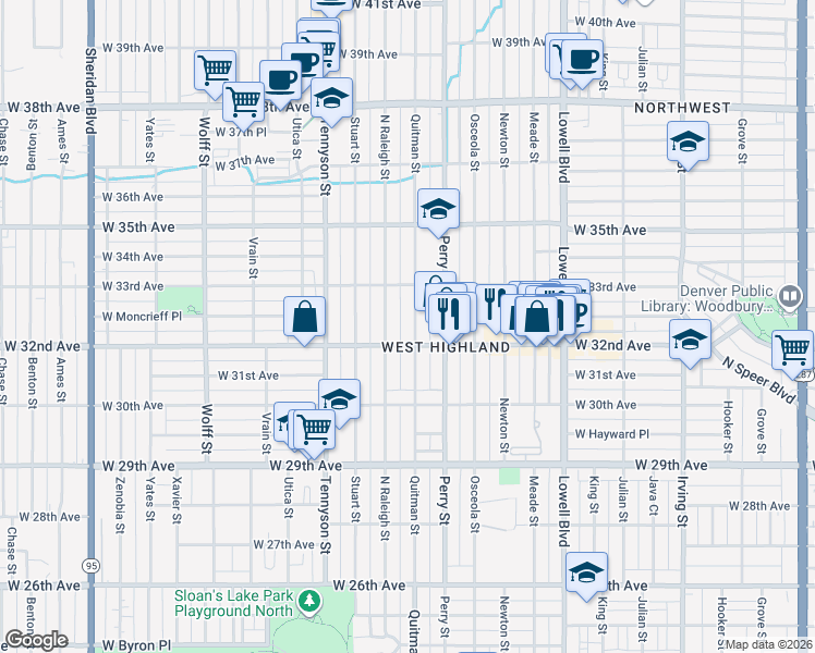 map of restaurants, bars, coffee shops, grocery stores, and more near 3191 Quitman Street in Denver
