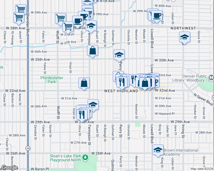 map of restaurants, bars, coffee shops, grocery stores, and more near 3141 Raleigh Street in Denver