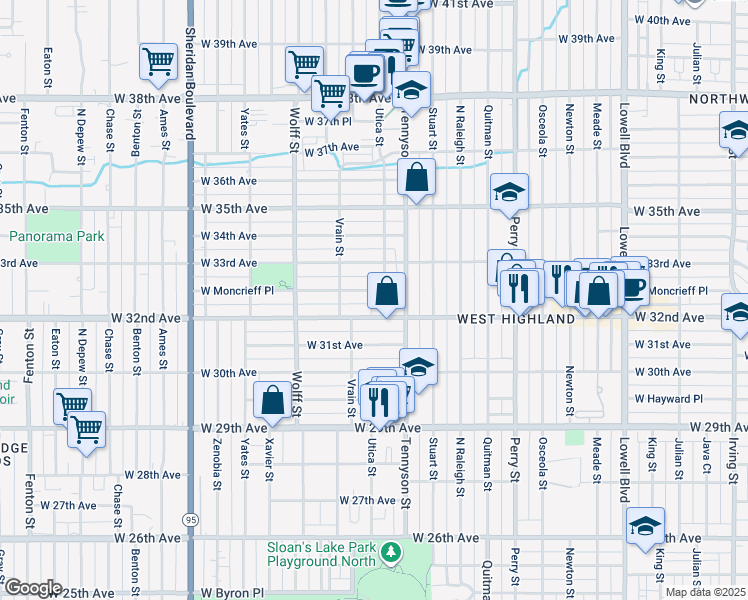 map of restaurants, bars, coffee shops, grocery stores, and more near 4440 West 32nd Avenue in Denver