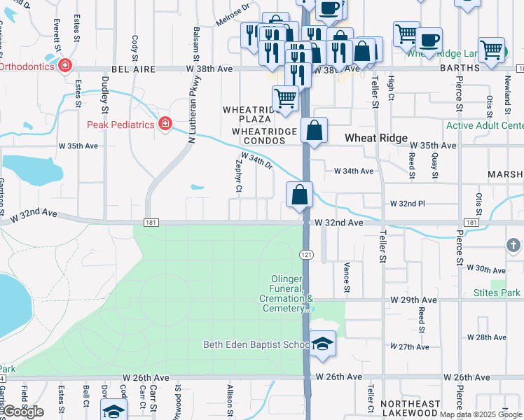 map of restaurants, bars, coffee shops, grocery stores, and more near 3201 Yarrow Street in Wheat Ridge
