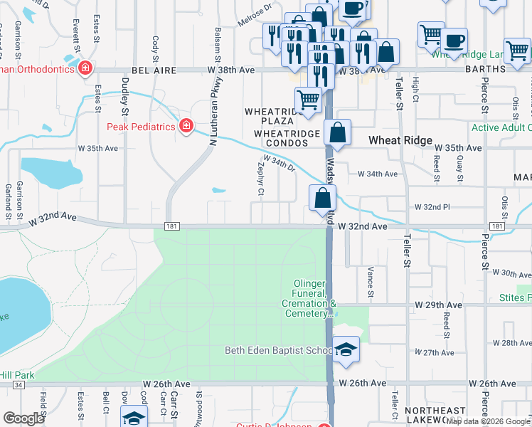 map of restaurants, bars, coffee shops, grocery stores, and more near 3210 Zephyr Court in Wheat Ridge