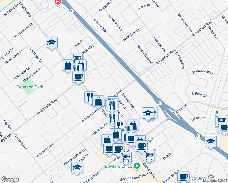 map of restaurants, bars, coffee shops, grocery stores, and more near 6 Santos Way in Chico