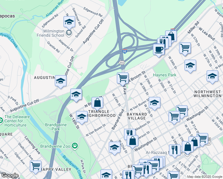 map of restaurants, bars, coffee shops, grocery stores, and more near 906 West 24th Street in Wilmington