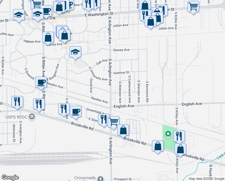 map of restaurants, bars, coffee shops, grocery stores, and more near in Indianapolis