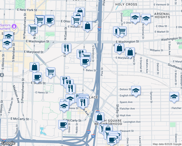 map of restaurants, bars, coffee shops, grocery stores, and more near 721 Lord Street in Indianapolis