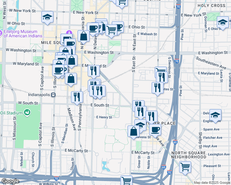map of restaurants, bars, coffee shops, grocery stores, and more near in Indianapolis
