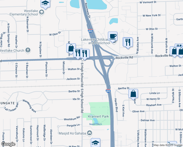 map of restaurants, bars, coffee shops, grocery stores, and more near 6040 Cheshire Road in Indianapolis