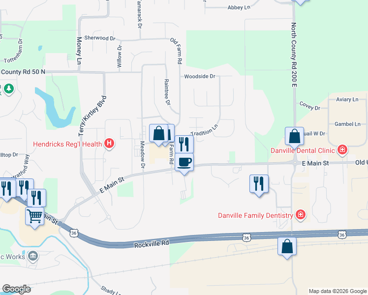 map of restaurants, bars, coffee shops, grocery stores, and more near 3 Old Farm Road in Danville