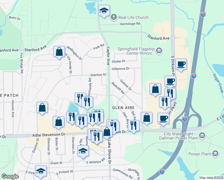 map of restaurants, bars, coffee shops, grocery stores, and more near 23 West Bel Aire Drive in Springfield