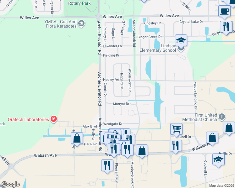 map of restaurants, bars, coffee shops, grocery stores, and more near 4111 Marryat Drive in Springfield