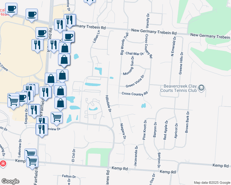 map of restaurants, bars, coffee shops, grocery stores, and more near 2525 Big Woods Trail in Beavercreek