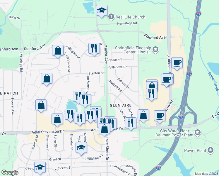 map of restaurants, bars, coffee shops, grocery stores, and more near 23 West Bel Aire Drive in Springfield