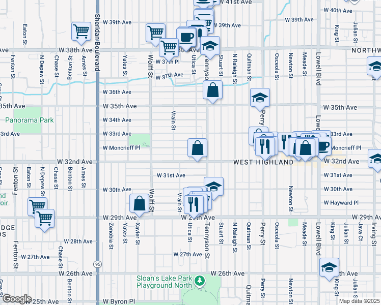 map of restaurants, bars, coffee shops, grocery stores, and more near 4440 West 32nd Avenue in Denver