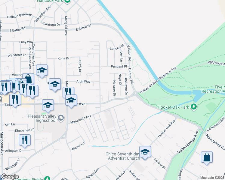 map of restaurants, bars, coffee shops, grocery stores, and more near 2519 Navarro Drive in Chico