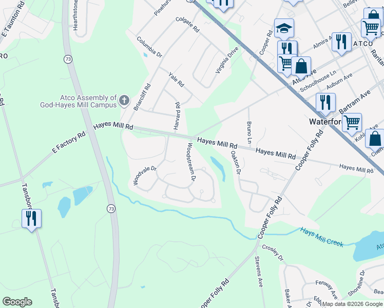 map of restaurants, bars, coffee shops, grocery stores, and more near 7 Woodstream Drive in Winslow Township