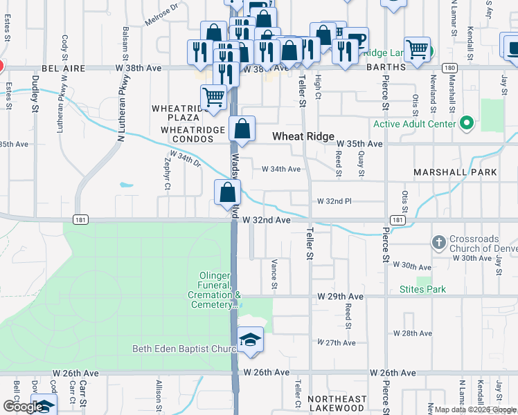 map of restaurants, bars, coffee shops, grocery stores, and more near 3225 Vance Street in Wheat Ridge