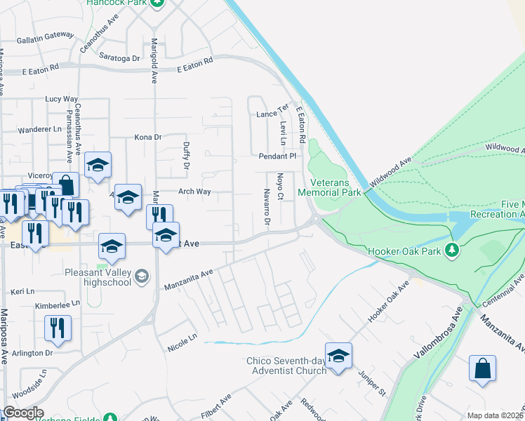 map of restaurants, bars, coffee shops, grocery stores, and more near 2519 Navarro Drive in Chico