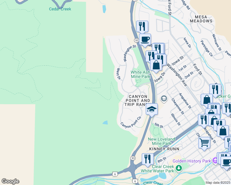 map of restaurants, bars, coffee shops, grocery stores, and more near Nightbird Gulch Trail in Golden