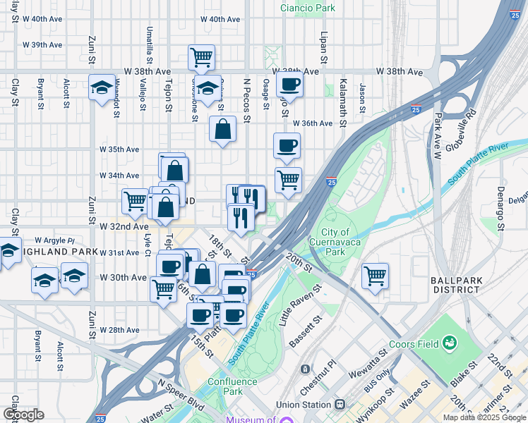map of restaurants, bars, coffee shops, grocery stores, and more near 3101 Osage Street in Denver