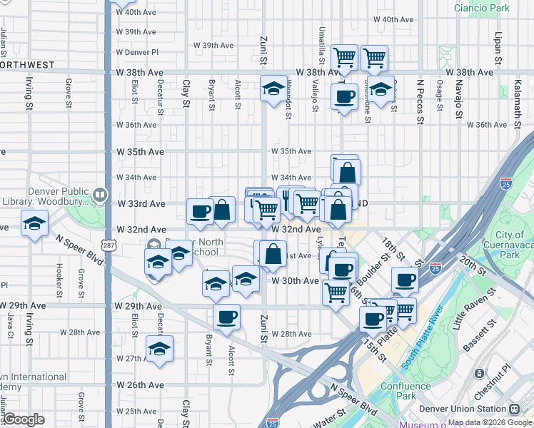 map of restaurants, bars, coffee shops, grocery stores, and more near in Denver