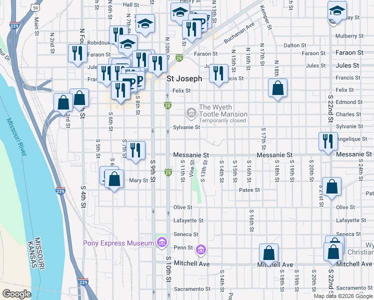 map of restaurants, bars, coffee shops, grocery stores, and more near 609 South 11th Street in Saint Joseph
