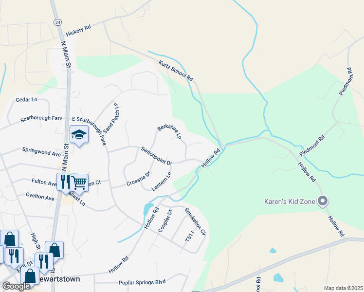 map of restaurants, bars, coffee shops, grocery stores, and more near 165 Berkshire Lane in Stewartstown