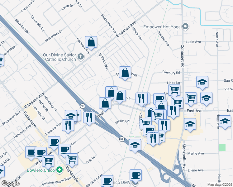 map of restaurants, bars, coffee shops, grocery stores, and more near 568 East Avenue in Chico