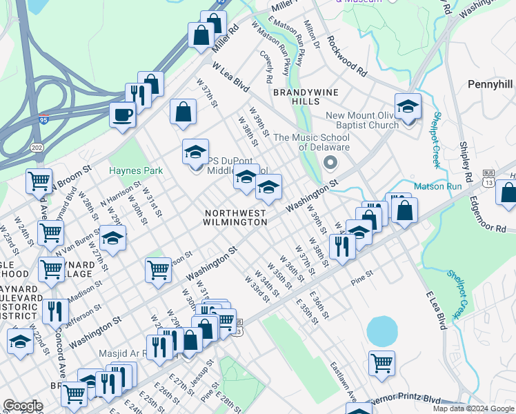 map of restaurants, bars, coffee shops, grocery stores, and more near 313 Barrett Street in Wilmington