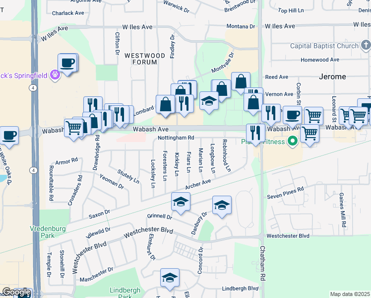 map of restaurants, bars, coffee shops, grocery stores, and more near 36 Kirkley Lane in Springfield