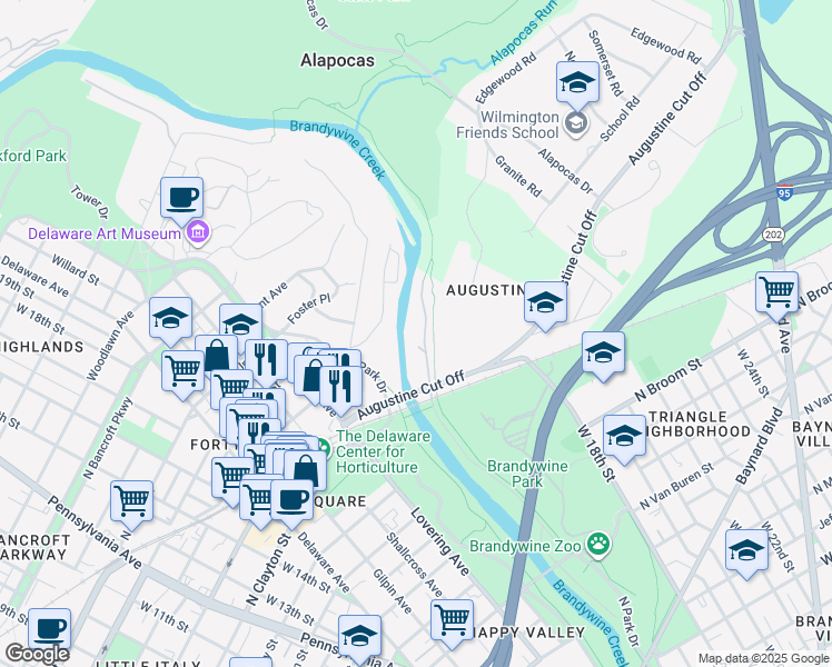 map of restaurants, bars, coffee shops, grocery stores, and more near 1704 North Park Drive in Wilmington