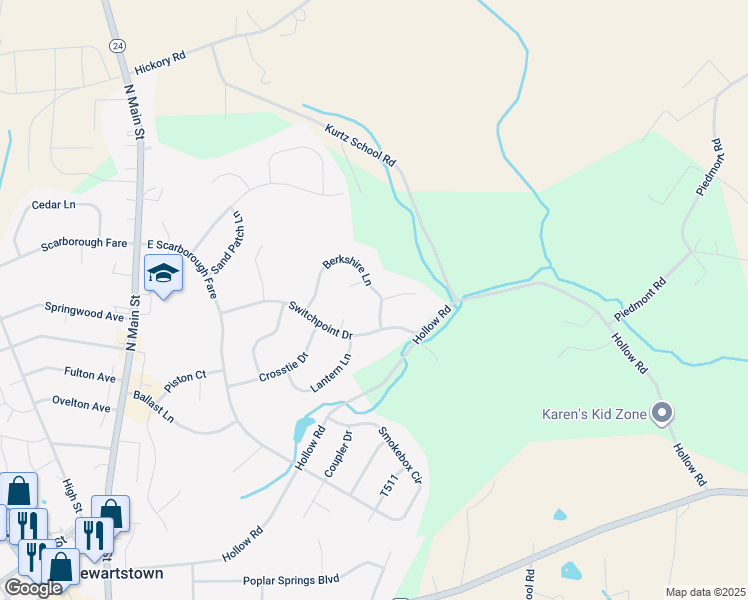 map of restaurants, bars, coffee shops, grocery stores, and more near 165 Berkshire Lane in Stewartstown
