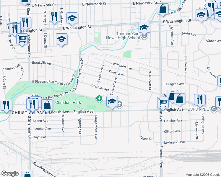 map of restaurants, bars, coffee shops, grocery stores, and more near 4656 Stratford Avenue in Indianapolis