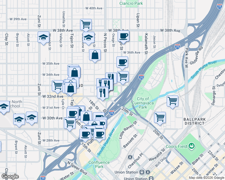 map of restaurants, bars, coffee shops, grocery stores, and more near in Denver