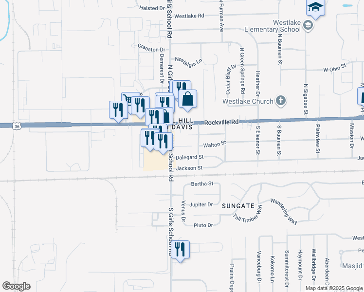 map of restaurants, bars, coffee shops, grocery stores, and more near 8937 Walton Street in Indianapolis