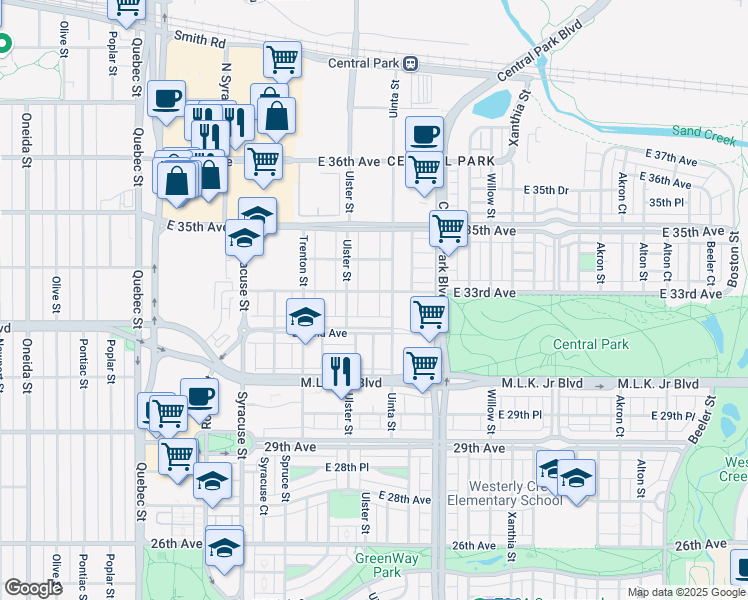 map of restaurants, bars, coffee shops, grocery stores, and more near 8145 East 34th Avenue in Denver