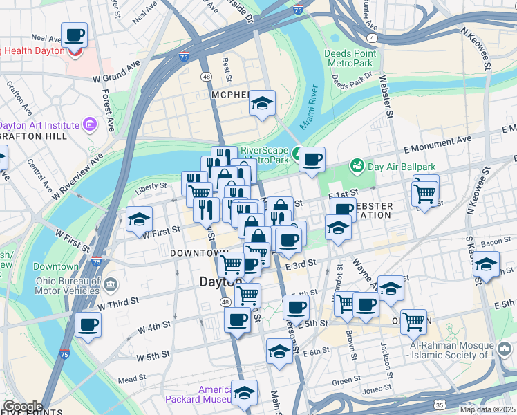 map of restaurants, bars, coffee shops, grocery stores, and more near 35 East 1st Street in Dayton