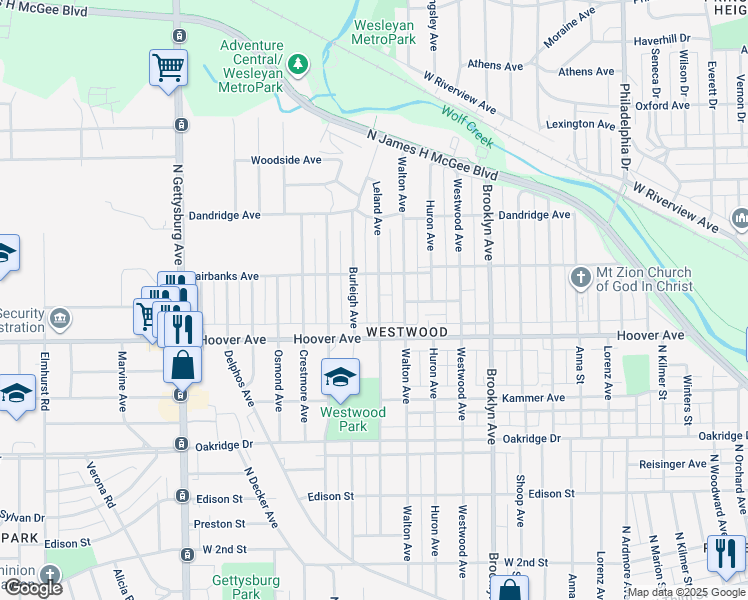 map of restaurants, bars, coffee shops, grocery stores, and more near 824 Leland Avenue in Dayton