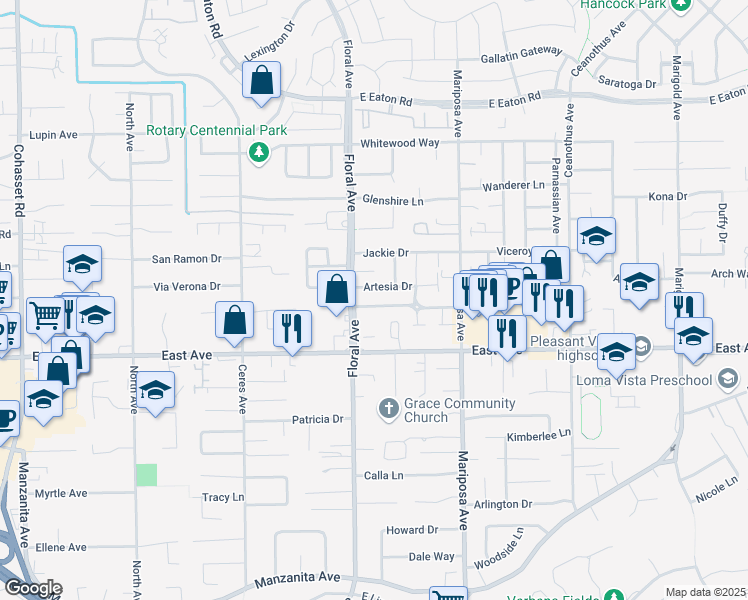 map of restaurants, bars, coffee shops, grocery stores, and more near 1260 Ravenshoe Way in Chico
