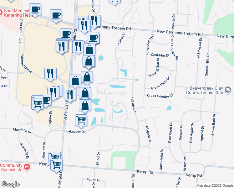 map of restaurants, bars, coffee shops, grocery stores, and more near 3085 Cumberland Lane in Beavercreek