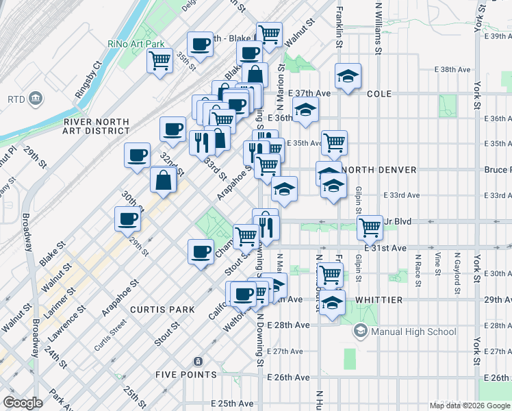 map of restaurants, bars, coffee shops, grocery stores, and more near 3300 North Downing Street in Denver