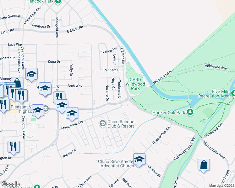 map of restaurants, bars, coffee shops, grocery stores, and more near 5 Noyo Court in Chico