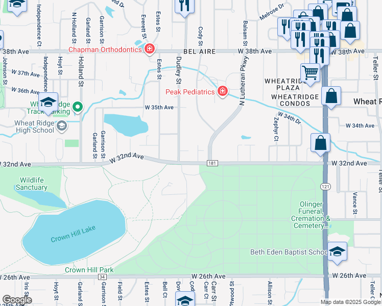 map of restaurants, bars, coffee shops, grocery stores, and more near 8610 West 32nd Place in Wheat Ridge