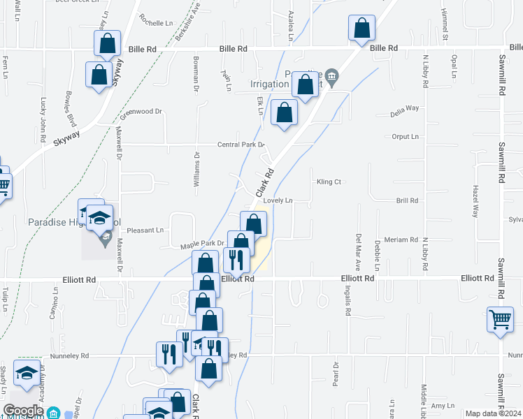 map of restaurants, bars, coffee shops, grocery stores, and more near 6118 Clark Road in Paradise